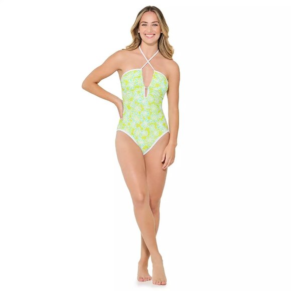 Ninety-Nine Cut-Out Halter One-Piece Swimsuit Color: Green Glow Floral Wave - Picture 2 of 6
